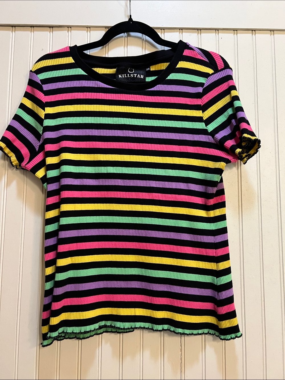 Killstar Black Tee with Neon Pink, Yellow, Green, Purple & Blue Stripes